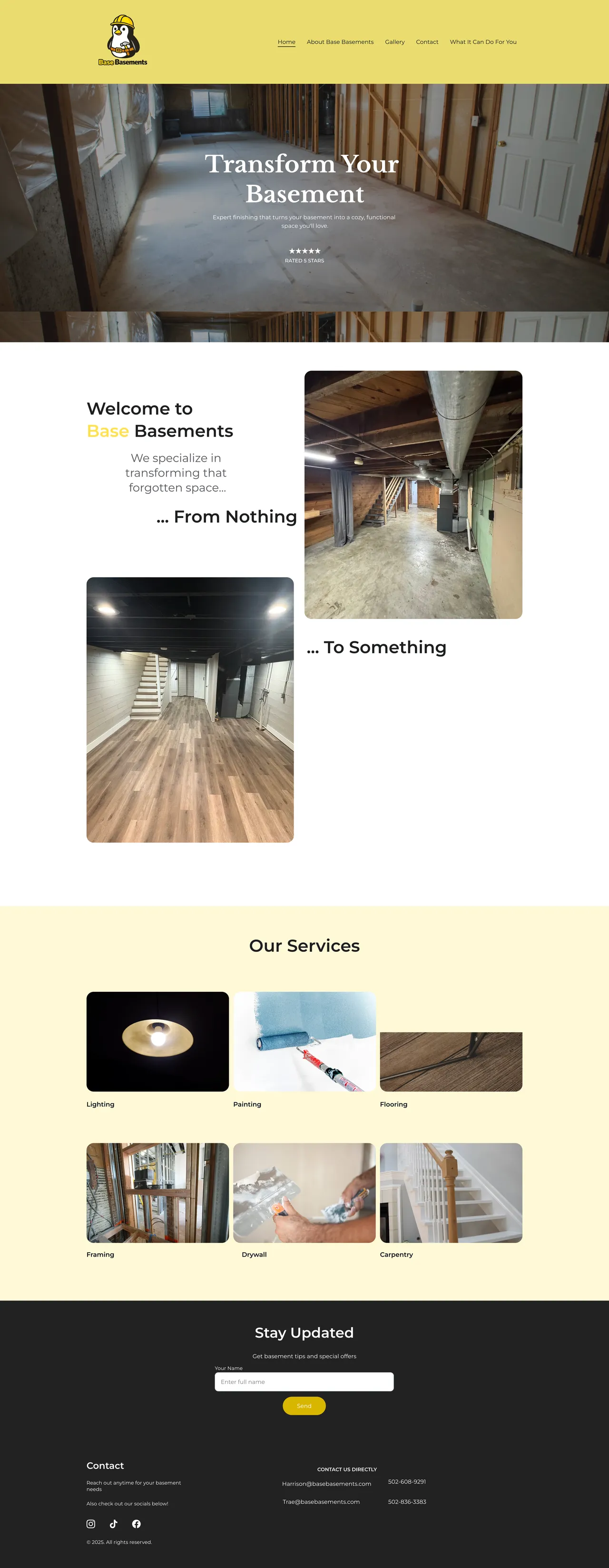 Base Basements — old website before the redesign