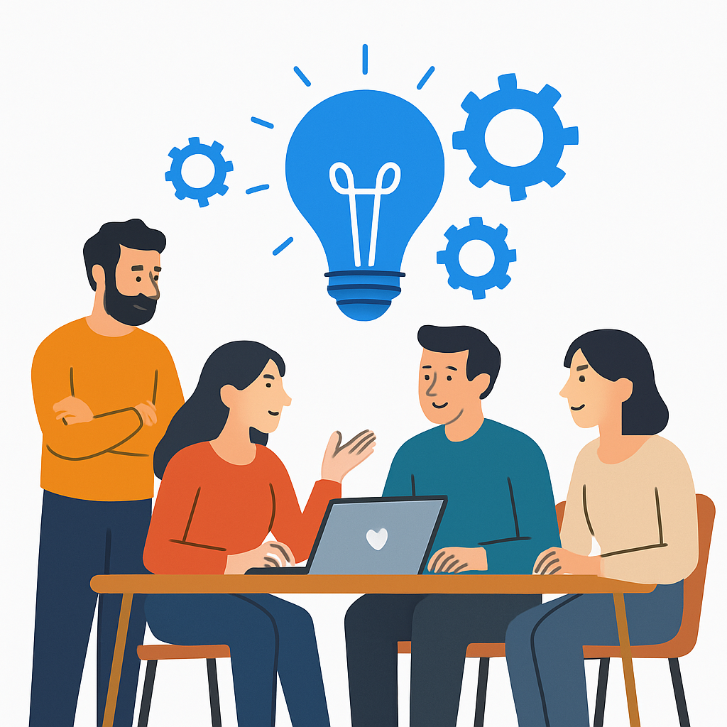 People talking at a table about small business web design